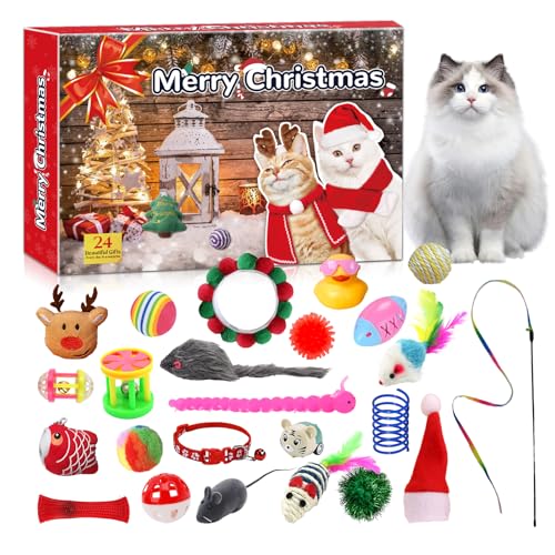24 Days Christmas Countdown Calendar - Cat Advent Calendar - with Assorted Interactive Cat Toys for Indoor Kitten Cats Pet Surprise Xmas Gifts for Cat Lovers Women (Red)
