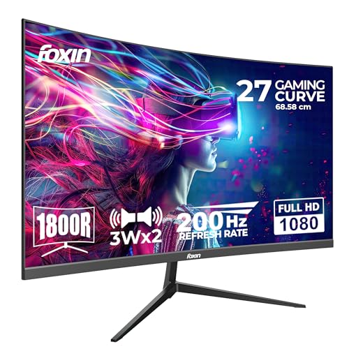 Image of Foxin Phantom 27 inch (68.58 cm) 1800R Curved Gaming Monitor, FHD 1920x1080p, 200Hz, 1ms, Adaptive Sync | HDMI, VGA & Type-C Ports | RGB Backlight, Built-in Speakers | Wall Mountable | Black