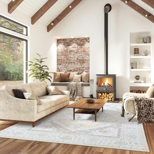 METSAVAIM 8x10 Area Rugs - Ultra Soft Boho Rug for Bedroom and Living Room – Non-Shedding Accent and Machine Washable Rug for Indoor and Outdoor Use - Beige & Ivory