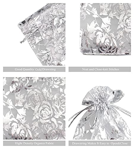 Image of 100 Pack 3.5 x 4.7 Inch Organza Jewelry Gift Pouch B921, White White Flower | Candy Pouch, Drawstring, Wedding Favor Bags