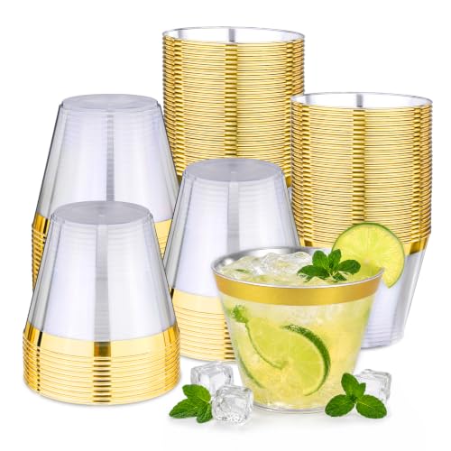 Image of 100 Pack 9 OZ Plastic Cups, Disposable Gold Rimmed Party Cups