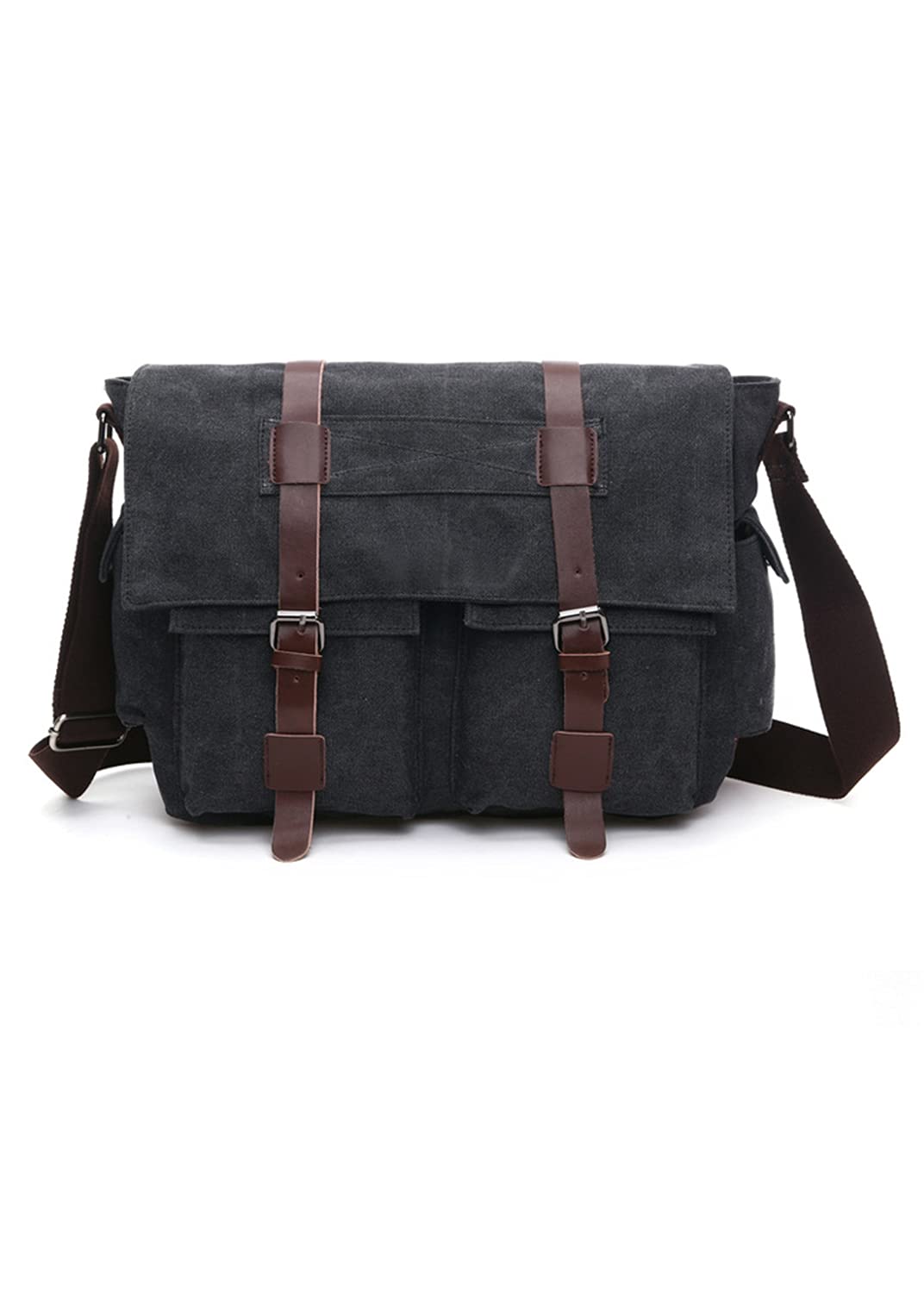 SOUGAO Messenger Bag for Men 14 15.6 Inch Canvas Laptop Computer Bag Leather Briefcase (Black)