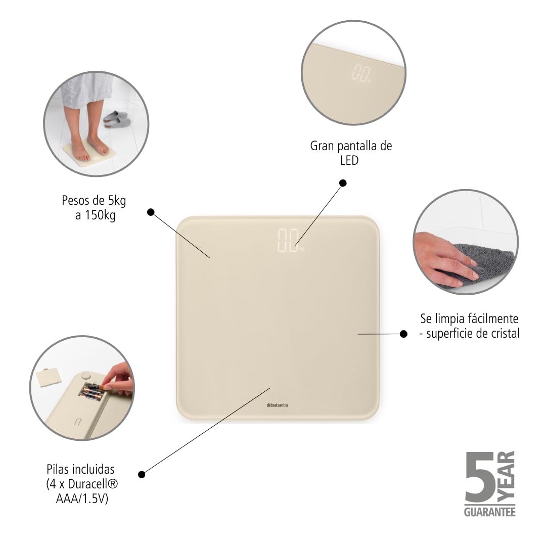 Brabantia - ReNew Báscula Digital de Baño - Báscula de Vidrio Pesa hasta 180 kg - Sistema Preciso - Superficie Antideslizantes - 4x Pilas AAA Incluidas - Soft Beige - 30 x 30 cm