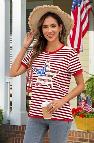 Image of Ithalt Women 4th of July Shirt Fourth of July Shirts USA Sequin Tshirt American Patriotic T-Shirt Stripes Tee Tops