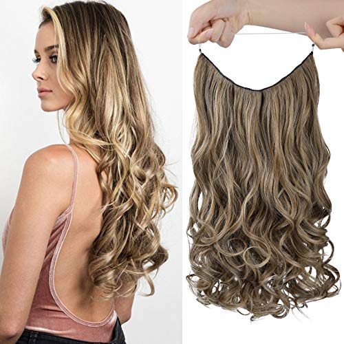 HOOJIH Halo Hair Extensions 3 Ways Adjustable Head Size One Piece Curly Wavy Hair Extension Synthetic Hairpieces for Women 20 Inch --Buttered Toast