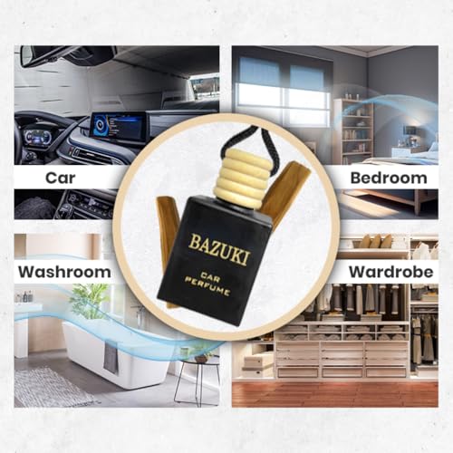 Image of Bazuki Car Perfume Hanging Pod 10 ml | Sandalwood Car Air Freshener with Essential Oils | Black Glass Bottle & Wooden Lid | Long Lasting Fragrance up to 60 Days | Refillable & Leak-Proof Design