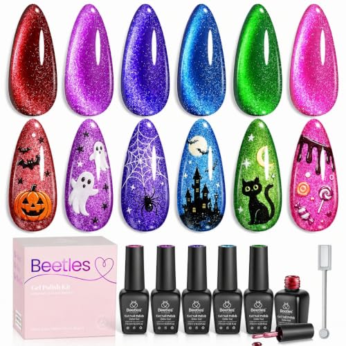 Beetles Halloween Cat Eye Gel Nail Polish Set, 6 Colors Cat Eye Glitter Gel