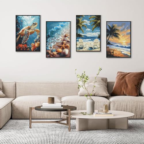 Image of Eiazuiks 4 Packs Stamping Cross Stitch Kit, Beach Counting Cross Stitch Kit for Adult Beginners, Full Line DIY Stitching Kit for Home Decor Cross Stitch Patterns 12x16 inches