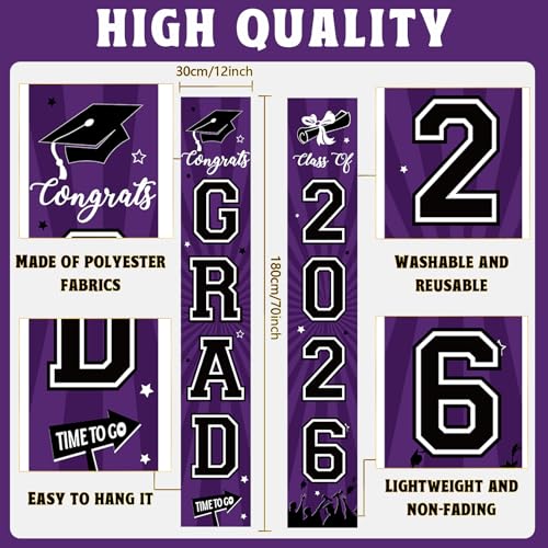 Image of Graduation Banner 2026 Graduation Decorations Purple and Black Grad Banner Porch Sign Class of 2026 Door Decor Congrats Hanging Backdrop Purple Grad Party Decor for School Congratulations Supplies