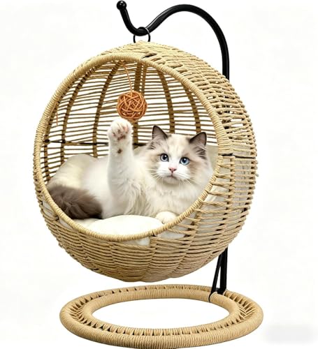 BROWN-BROWN Handmade Wicker Hanging Cat Bed &ndash; Swinging Egg Chair with Removable Cushion & Hanging...