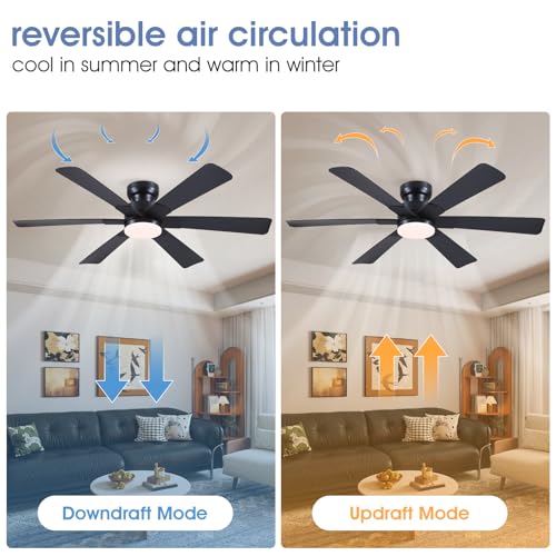 Image of 52 inch Low Profile Ceiling Fans with Lights and Remote, Black Indoor Ceiling Fan Light with Quiet Reversible DC Motor,Modern Flush Mount Ceiling Fans with Dimmable LED for Bedroom Kitchen