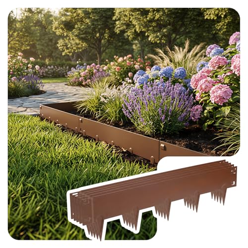 VOUNOT 5M Galvanised Steel Garden Edging Flexible Metal Lawn Border Heavy Duty 1.5mm Thick 106x18cm Panels 5 Pack Brown