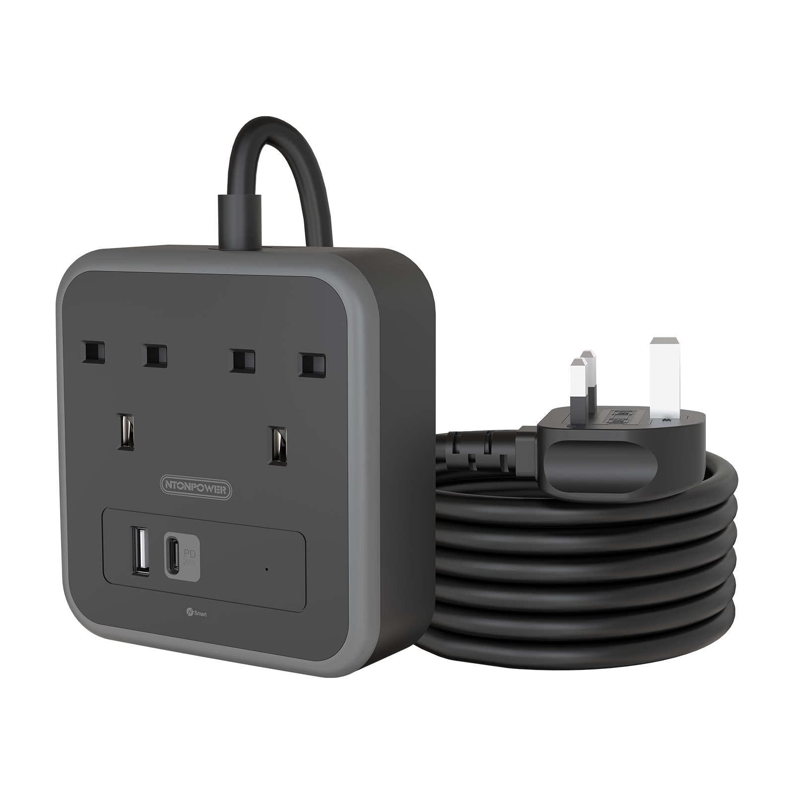 USB Power Strip with 20W PD Charger, NTONPOWER Wall Mountable Extension Lead, 3 Meter Power Extension Cord, Desktop Charging Station for Office Home, 3250W 13amp Fused Plug, 2 Sockets Power Plug