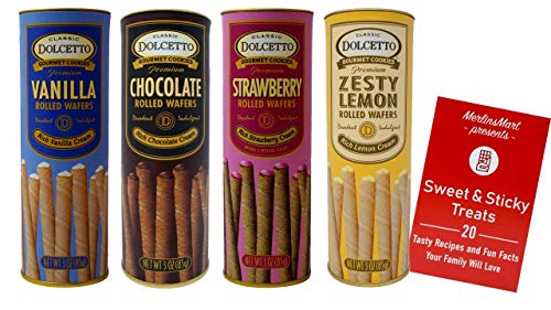 Dolcetto Premium Cream Filled Rolled Wafers | Gourmet Cookies 4 Flavor Variety Pack (1) each: Rich Vanilla, Rich Chocolate, Rich Strawberry, Zesty Lemon (3 Ounces) Plus Recipe Booklet Bundle