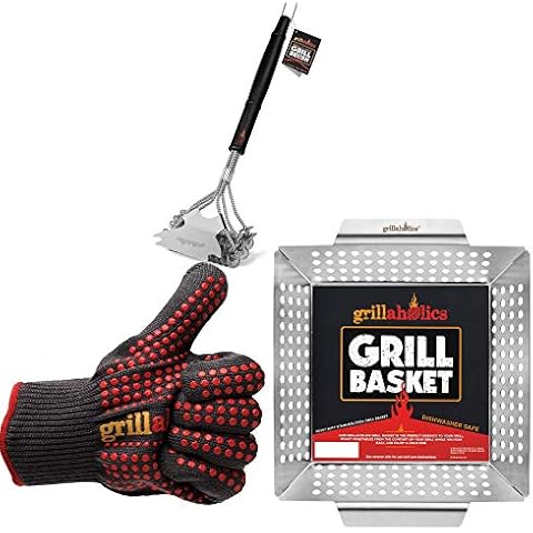 Grillaholics Bristle Free Grill Brush + High Heat Grilling Gloves + Vegetable Grill Basket Bundle Cover