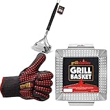 Grillaholics Bristle Free Grill Brush + High Heat Grilling Gloves + Vegetable Grill Basket Bundle