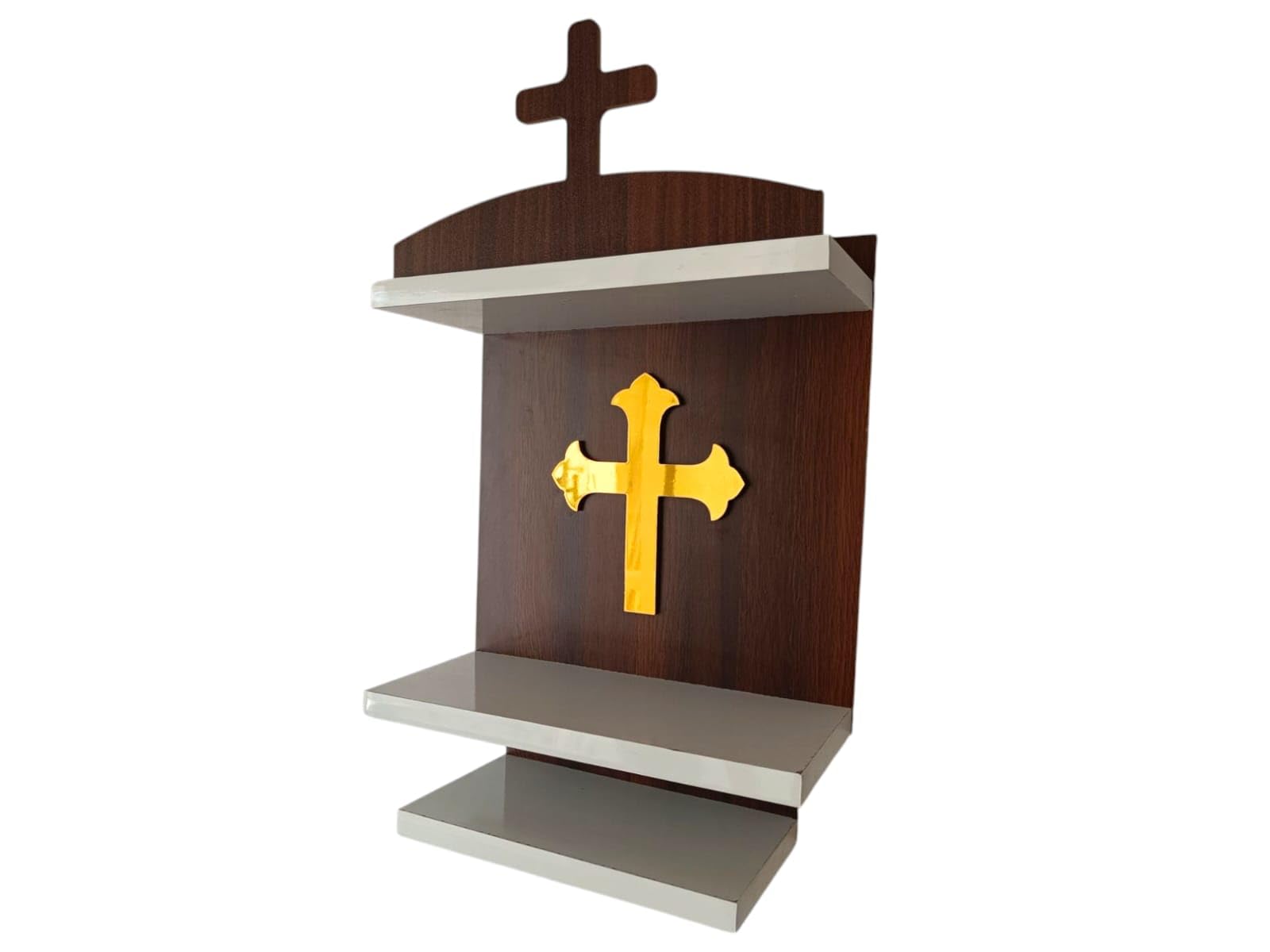 Wooden Wall-Mounted Prayer Shelf, 3-Tier Home Temple with Cross Design, Brown, White and Gold Cross Christian Temple, Wall Mount Temple, Home and Office Wall Decor Cross Temple-image-37