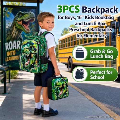 Image of Dinosaur Backpack, 16 inch Boys Kids Bookbag with Lunch Box, 3Pcs Dino School Backpacks for Elementary Preschool Kindergarten (Green)