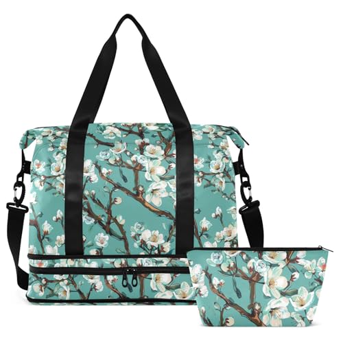 Almond Blossom blue floral Overnight Travel Duffel Bags Overnight Weekender Bags Gym Sports Carry with Toiletry Bag for Airplane Traveling 2 Pcs Set2