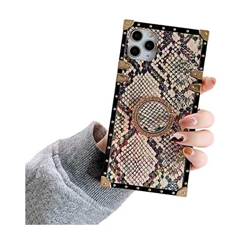 YonMeet Rectangle Snakeskin Phone Cases Compatible with iPhone 14 pro with Diamond Ring Holder Stander Shockproof Luxury Back Covers Shell(Snakeskin Gold,iPhone 14 Pro 6.1'') Cover