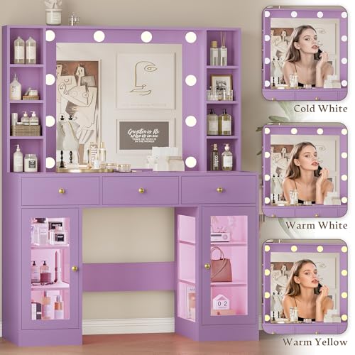 Image of Wodeer Makeup Vanity Desk with Mirror and Lights, Purple Vanity with Glass Top, LED Lights & Power Outlet, 3 Drawers & 2 RGB Glass Cabinets, Adjustable Lighted Dressing Table for Women & Girls Bedroom