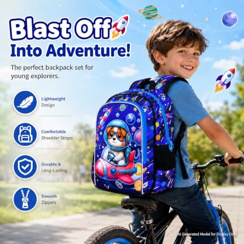Image of UFNDC 3PCS Boys Dog Backpack, Kids Space Bookbag with Lunch Box, Water Resistant Rocket School Bag for Elementary Preschool Toddler