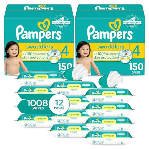 Image of Pampers Swaddlers Disposable Baby Diapers Size 4, 2 Month Supply (2 x 150 Count) with Sensitive Water Based Baby Wipes 12X Multi Pack Pop-Top and Refill (1008 Count)