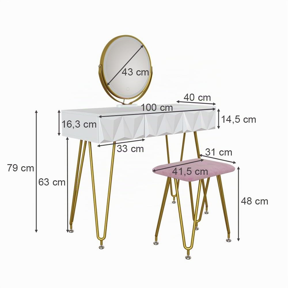Vicco Tavolo da toeletta Ruby, Bianco, 100 cm | con illuminazione LED e sgabello, Spazio per trucco, prodotti per capelli e cura sempre a portata di mano