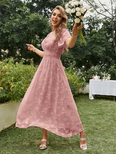 Image of Simplee Women's Boho Floral Maxi Dress Flowy Casual V Neck Short Sleeve Wedding Guest Holiday Beach Long Dress