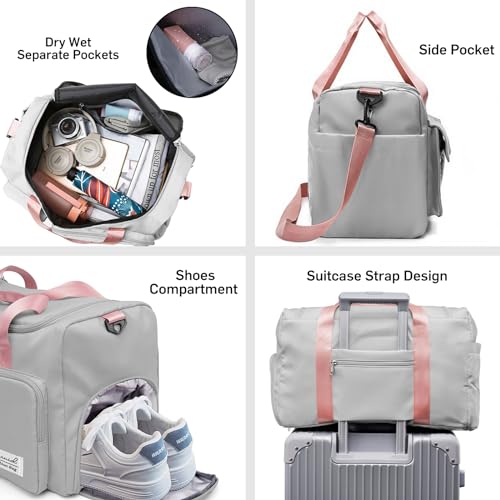 Image of Suruid Gym Bag with Shoe Compartment, Sports Duffle Bag for Women, Gray Pink, 19.68 x 11.02 x 11.02 inches, Gym Bag Gray Pink | Dry Wet Separation Pouch, For Men and Women, Overnight Weekender Training Handbag Yoga Bag