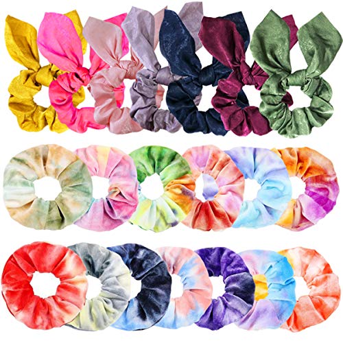 WillingTee 20 Colors Hair Scrunchies, 13 Pcs Velvet Elastic Hair Bands Scrunchy, 7 Pcs Bunny Ear Style Silk Scarf Scrunchies Ponytail Holder Scrunchy Hair Ties for Women and Girls