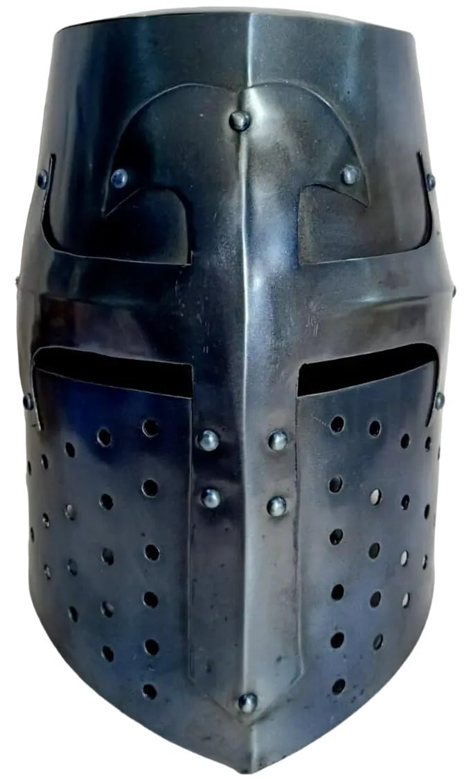 MdhelMedieval Knight Crusader Helmet – Full Face Templar Great Helm Replica, Authentic Black Steel Armor for LARP, Cosplay & Historical Reenactment