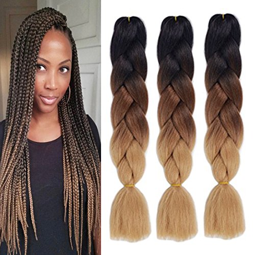 Linxiu Synthetic Braiding Hair Extensions Kanekalon Hair Ombre Braiding Hair 24Inch High Temperature Twist Hair Extensions 3Pcs/Lot 100g/Pcs(Black-Dark Brown-Light Brown)