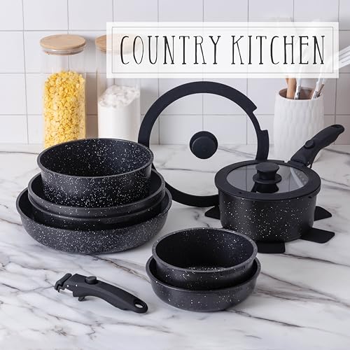 Image of Country Kitchen Cookware Set with Removable Handle, Oven & RV Safe Pots and Pans Set, Black, Deluxe Larger Set