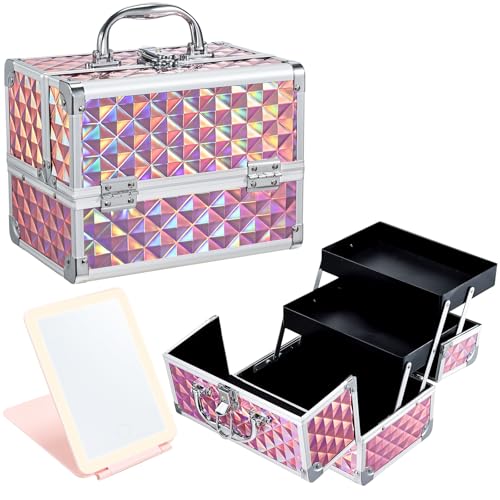 Mallette de maquillage Faquenc avec miroir LED rose brillant amovible