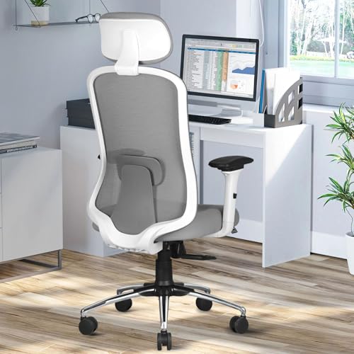ASTRIDE Erizo Ergonomic Office Chair for Work | Smart 3 Position Multilock Mechanism | 4D Soft Armrest | Adjustable Headrest & Lumbar Support | 3 Years Warranty | Heavy Duty Metal Base [White-Grey]