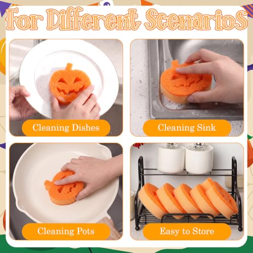 Image of Tioncy 12 Pack Pumpkin Kitchen Sponges Bulk Gothic Dual Sided Scrubber Jack O Lantern Sponges Reuseble Non Scratch Dishwashing Kitchen Cleaning Accessories for Cookware Pot Boiler Pan Household