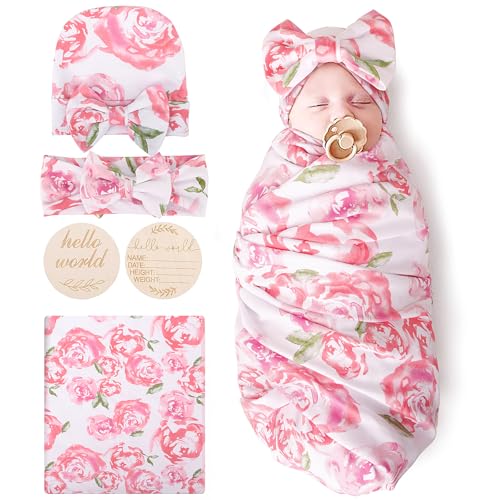 Image of DRESHOW BQUBO Baby Girl Newborn Floral Receiving Blankets with Bow Hat Headband Wooden Birth Announcement Card Set Newborn Baby Swaddling Hats Swaddle Blanket Toddler Warm Shower Gift
