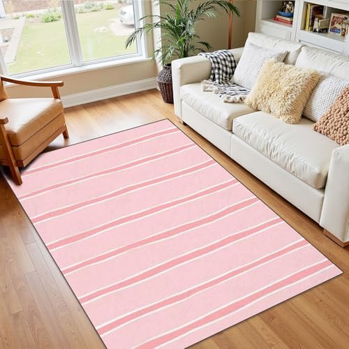 4x5 Pink Boho Rug Rugs for Living Room Rugs for Entryway Pink Striped Pattern Girly Stripe Seamless Cute Pastel Wavy Bedroom Rug for Girls Door Mat Nursery Room Decor Rainbow Carpet