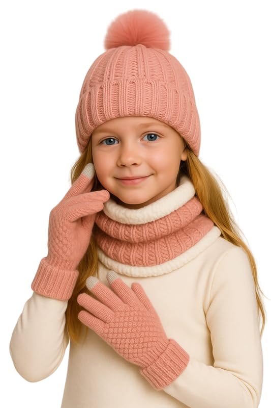 Krystle Kids Winter Woolen Set – Beanie Cap, Neck Warmer & Gloves | Soft Knitted Warm Set for Boys & Girls (Pink,5-20 Years)