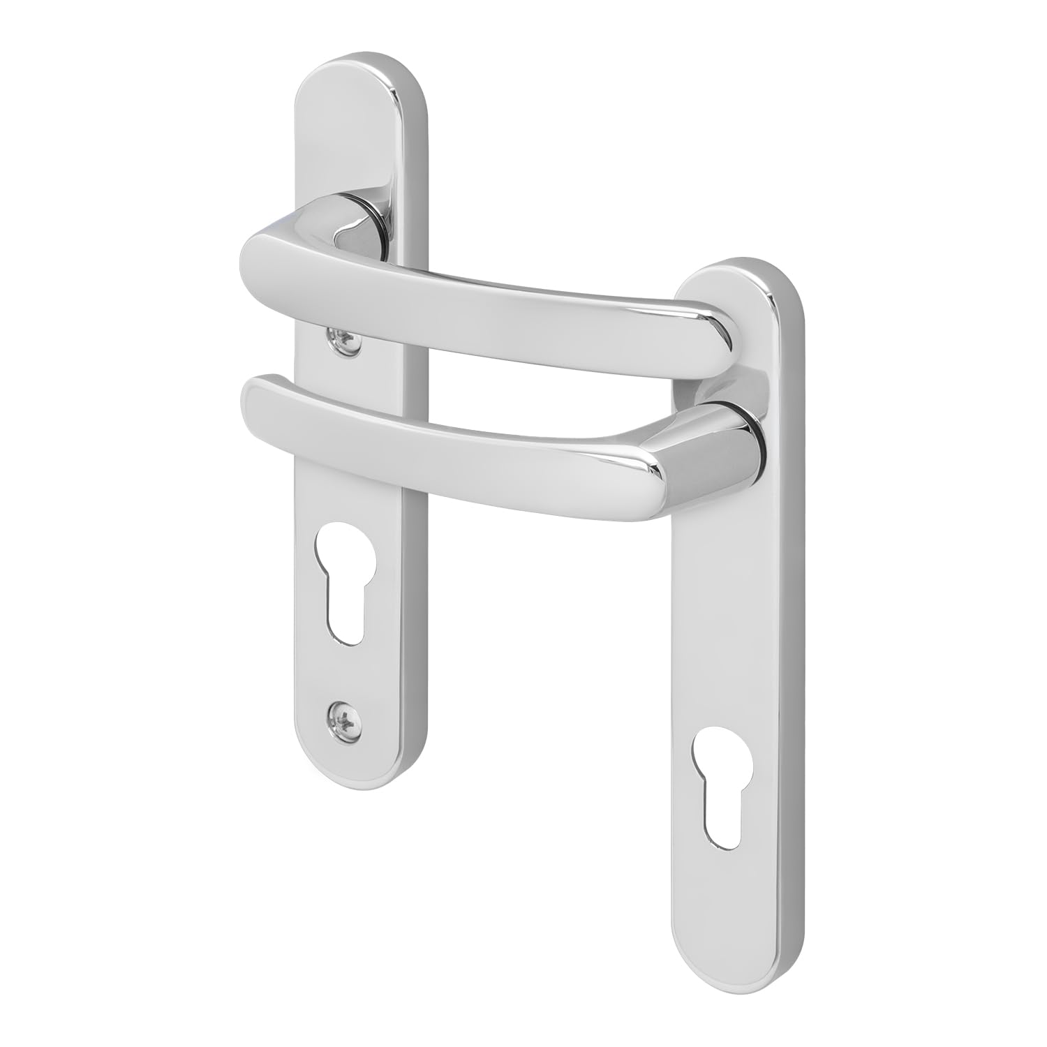 EAI Chrome UPVC Door Handles, Composite Front Door Handles Sprung, 92mm PZ Centres, 122mm Screw to Screw, 212x34mm Backplate