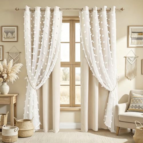 Image of Beige Room Darkening Curtain for Girls Nursery Bedroom 52x63 Inch | 80% Blackout Double Layer Curtains with Pom Pom Sheer Overlay, Grommet Privacy Drapes for Toddler Bedroom Decor, 2 Panels