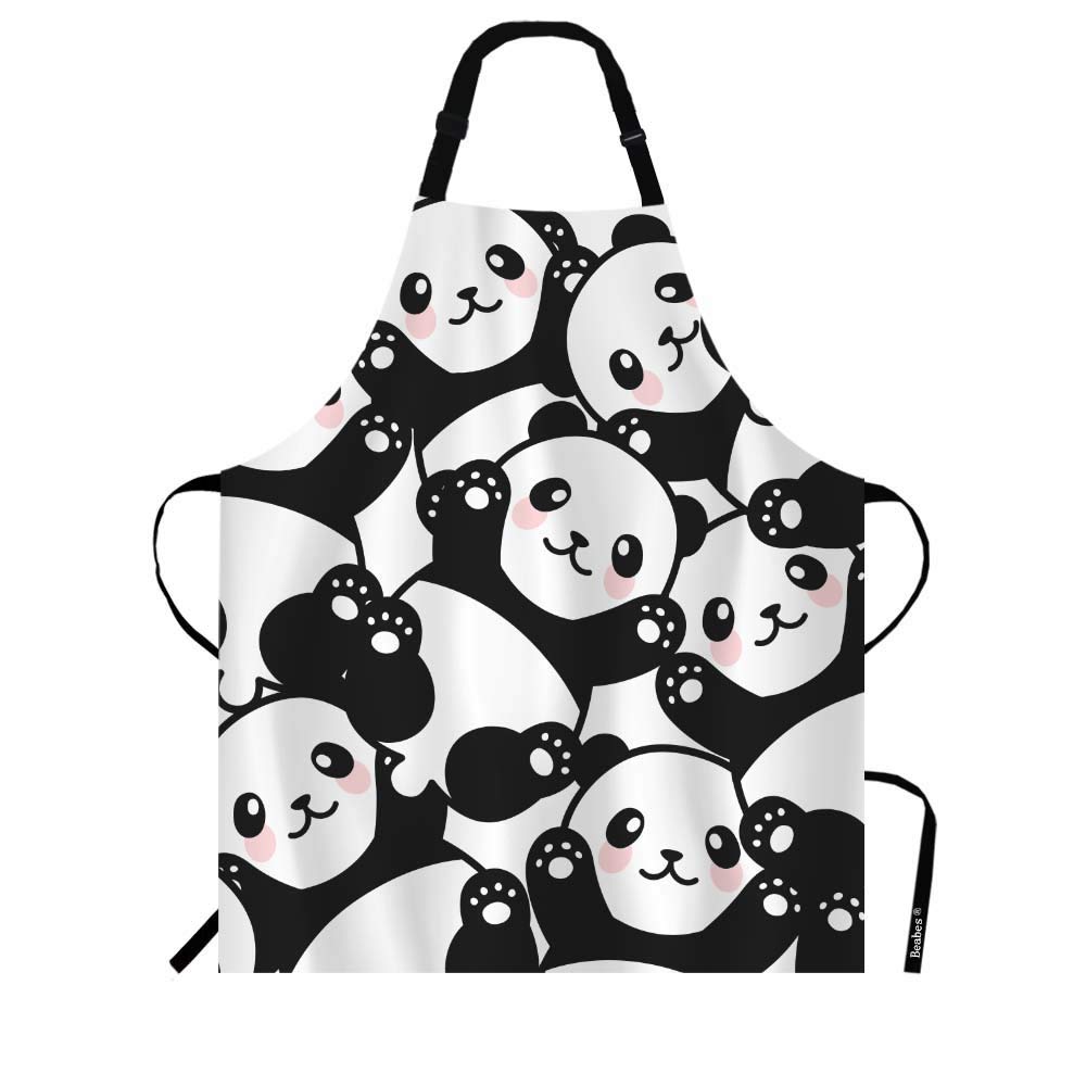 BeabesCute Panda Chef Apron 27 X 31 Inch Animal Panda Abstract Black Funny Wildlife Non-Pilling Bib Apron for BBQ Grilling Gardening with Adjustable Neck Strap