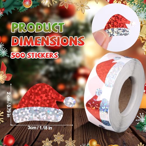 500 Stück Weihnachtsmannmützen Aufkleber, Glitzer Weihnachtsmütze Sticker Rolle Selbstklebend für Weihnachtsumschläge Karten Geschenke Partydekoration Festartikel