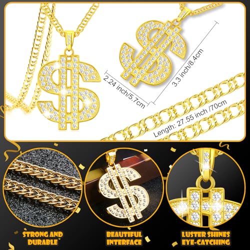 Money Chain with Dollar Sign Necklace,Chunky Necklace for Women Men,Fake Gold Chain Necklace,Hip Hop Chain Bulk Costume Rapper Chain Big Gold Chain Necklace Pendant Necklace 80s 90s Punk Style2