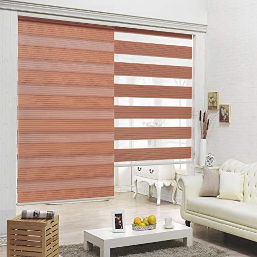 HTTMT- Zebra Roller Blinds [(W) 24“ x (H) 72”] Brown, Cordless, Dual Layer Shades, Sheer or Privacy Light Control, Day and Night Window Drapes, Easy to Install, Striped Dove [P/N: ET-ZB-BR-24]