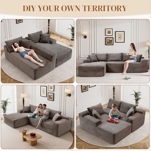 Image of 95 inch L Shaped Boneless Sectional Couches, Wide Armrest, Deep Seat, Memory Foam, Assembly Free, Modern Comfy Corduroy Fluffy Cloud Sofa with Left Chaise for Living Room, Small Spaces, Brown