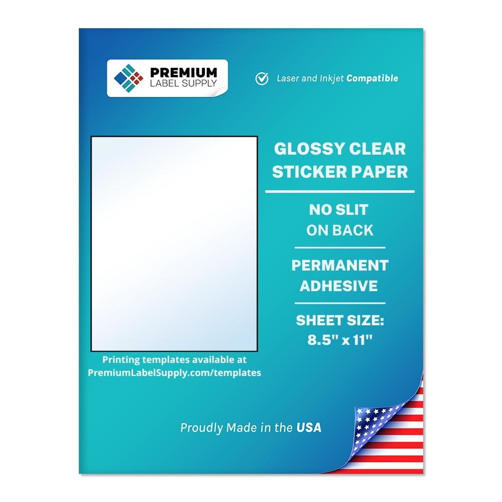 Premium Label Supply Glossy Clear Sticker Paper – 8.5" x 11" Full Sheet Labels – Laser/Inkjet Compatible – 25 Sheets