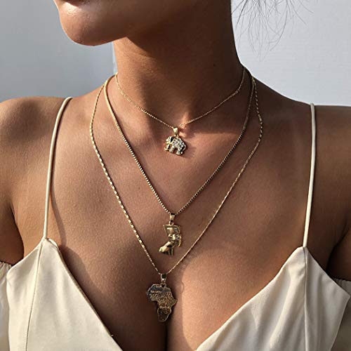ACEDRE Africa Map Choker Necklace Crystal Elephant Layered Pendant Necklace Chains Gold Gothic Egyptian Queen Beach Adjustable Jewelry Dainty Accessory for Women3