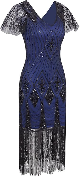 Image of 869A - Plus Size 1920s Vintage Fringed Gatsby Sequin Beaded Tassels Hem Flapper Party Prom Cocktail Dress with Accessories (Blue Black Diamond, 2X)